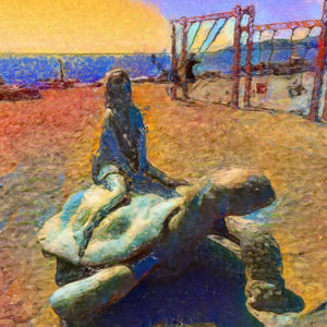 "Girl Riding A Tortoise" - Warm Colours - Pillows