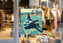 "Girl Riding A Tortoise" - Blue - Transparent Window Art